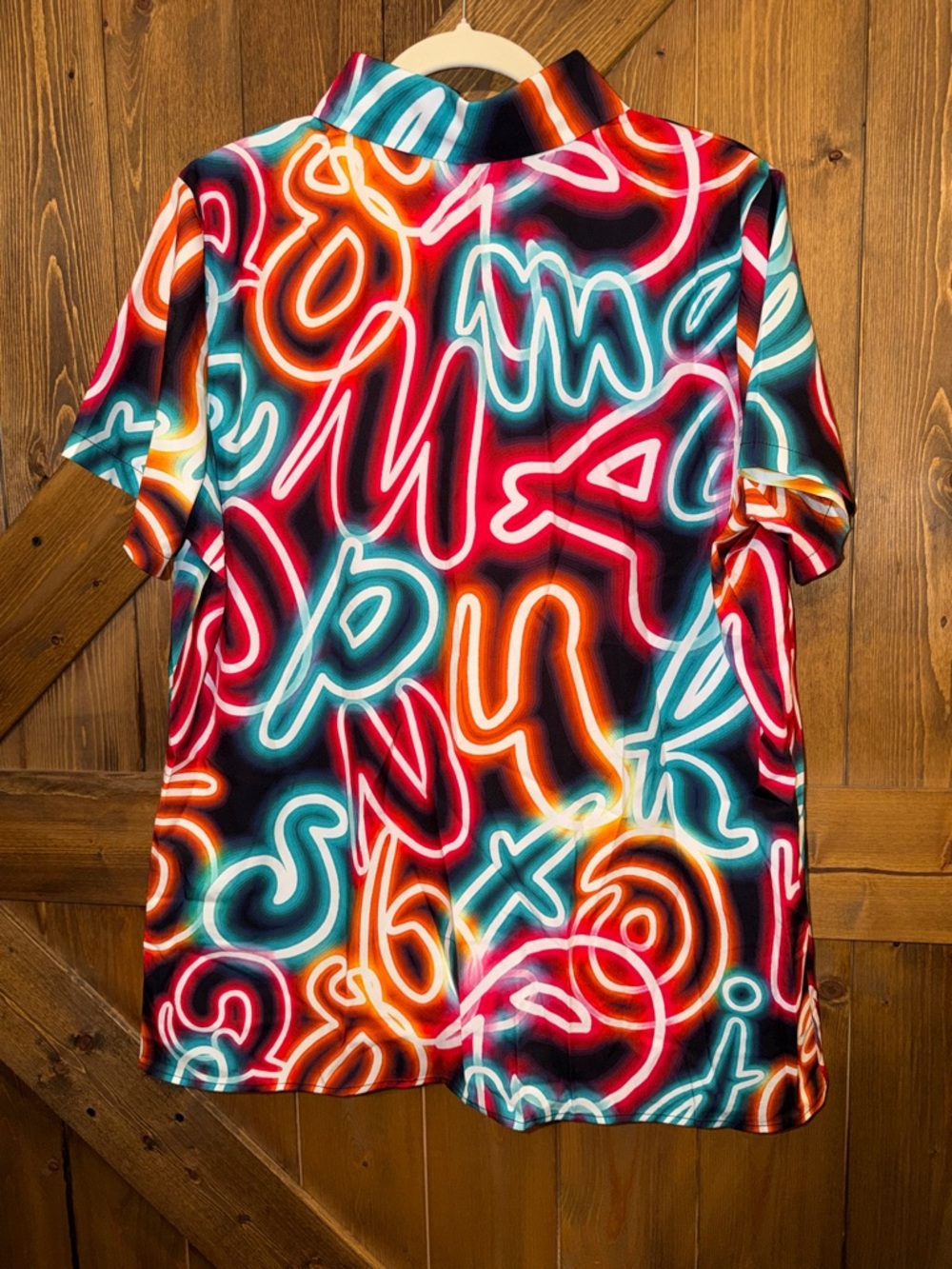 Women’s Neon Print Short Sleeve Button-Up Shirt - Multicolor - Picture 7 of 7